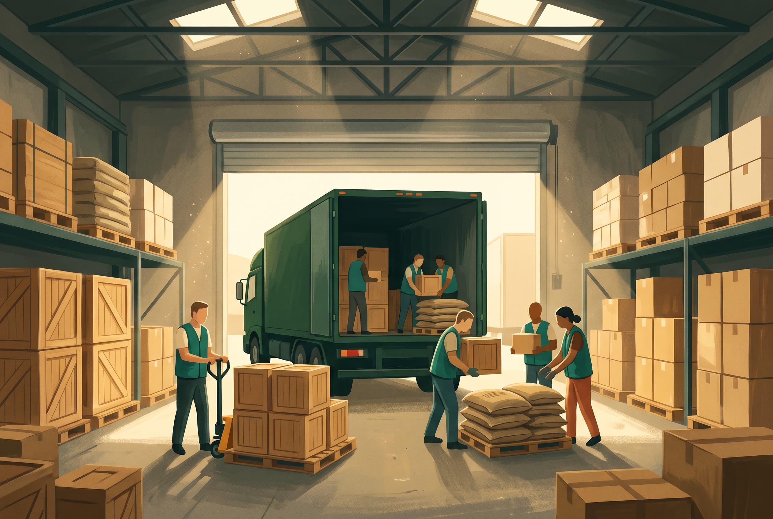 Illustration : dans un entrepôt humanitaire, des équipes chargent caisses et sacs de grain dans un camion